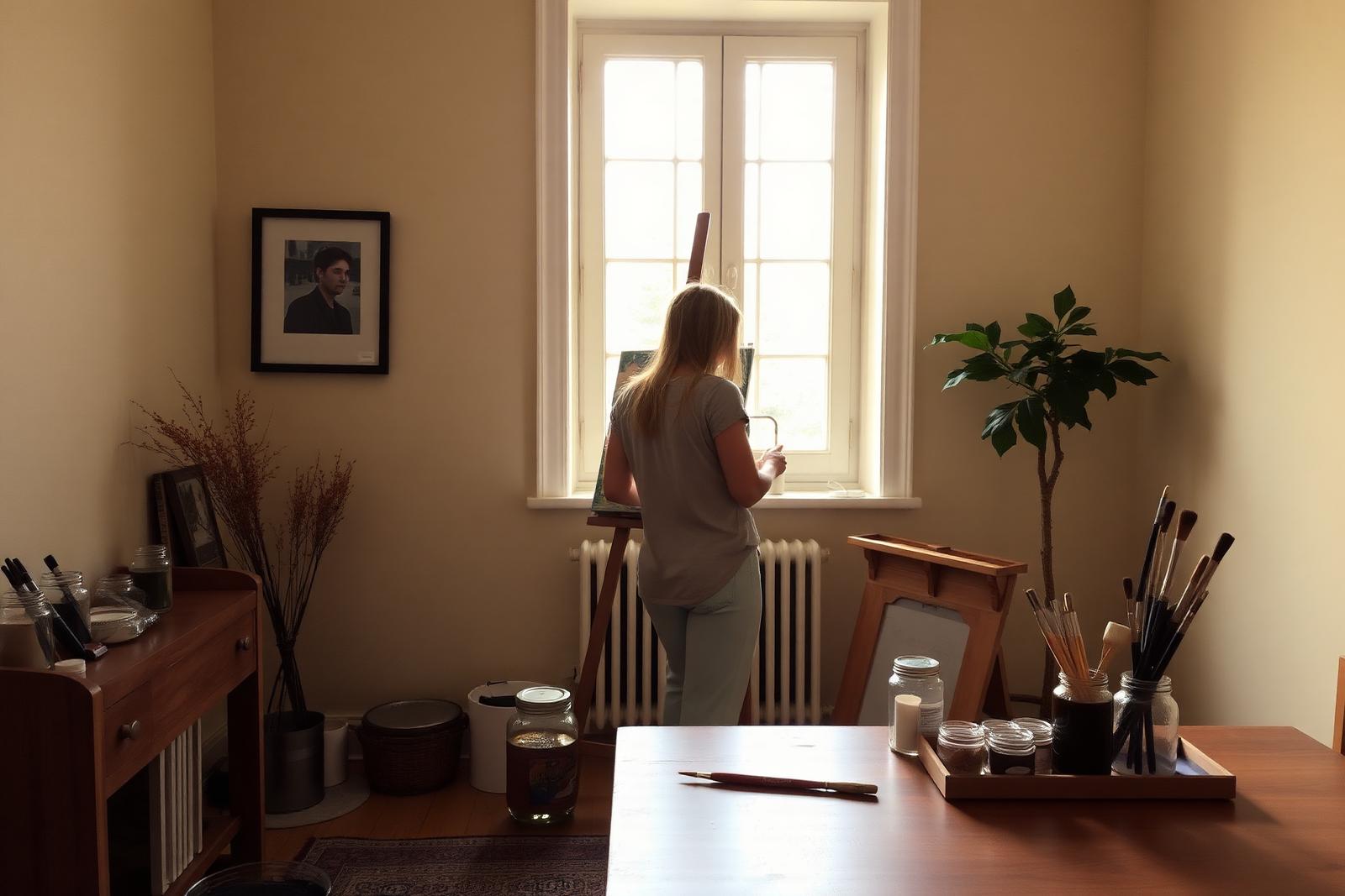 Sheva G.'s studio with easel and warm afternoon light.